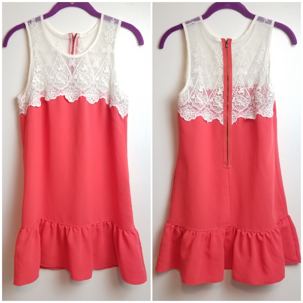 SOL Sleeveless Lace Yoke Ruffle Trim Tunic Dress